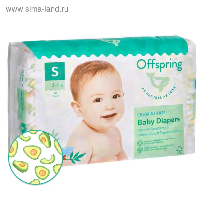 Подгузники Offspring, расцветка авокадо, размер S (3-6 кг.), 48 шт.